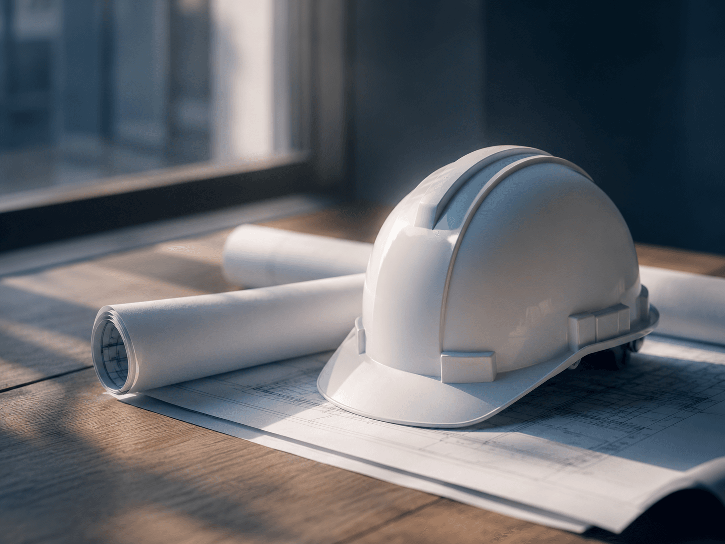 A hard hat resting on rolled construction plans